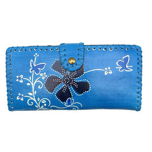 Vintage 80s 90s Handmade Blue Tropical Hibiscus Faux Leather Bifold Wallet 7.5"